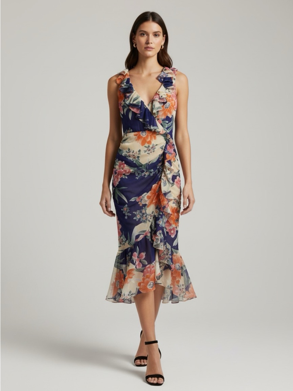New Kensie Navy Floral Ruffle Wrap Midi Dress with Orange & Cream size 2